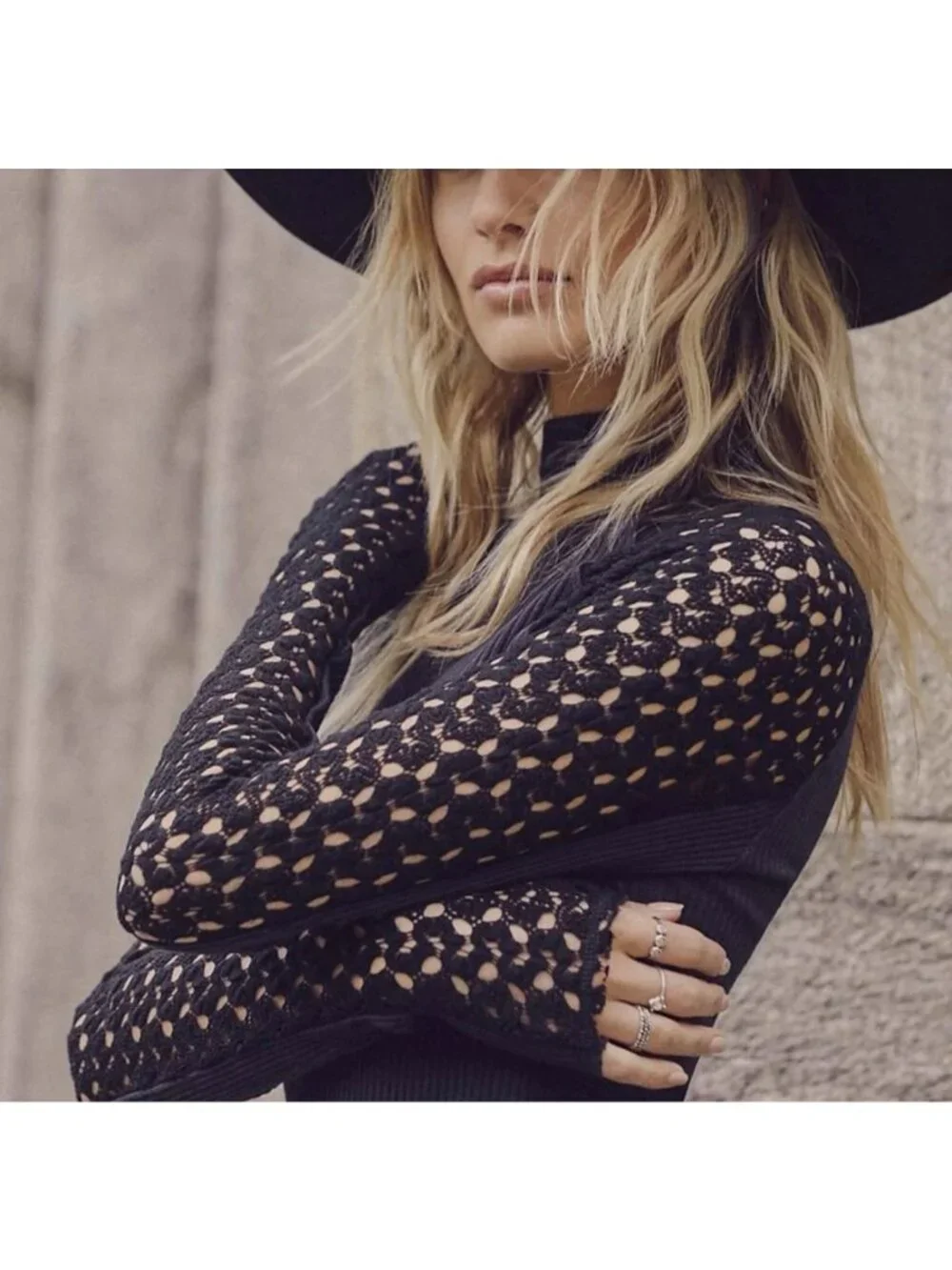 Free People Clemente Top Navy Blue Ribbed Bodice Black Lace Long Sleeve XL Shirt